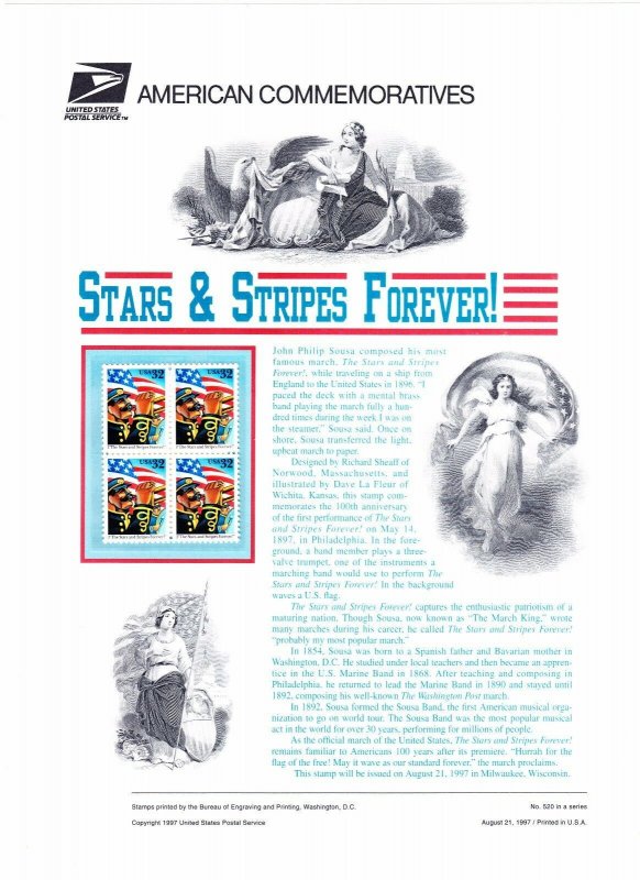 USPS Commemorative Panel 520 #3153 Stars & Stripes Forever Music Mint Blk/4 1997