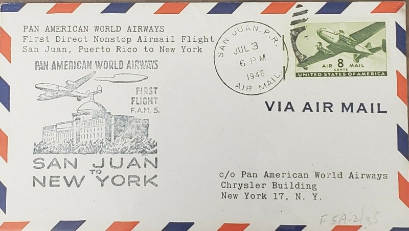 Pan Am 1946 FAM 5 San Juan Puerto Rico To New York Flight Cover