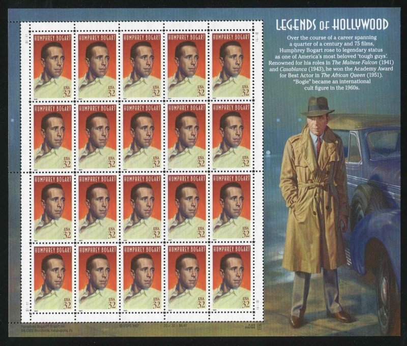 3152 Humphrey Bogart Legends of Hollywood 32¢ Sheet of 20 Stamps MNH