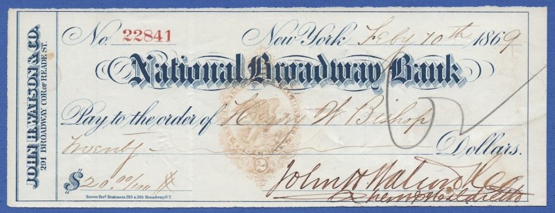 US 1869 Bank Check, Sc RN-H3, 2c Eagle, National Broadway Bank, New York NY