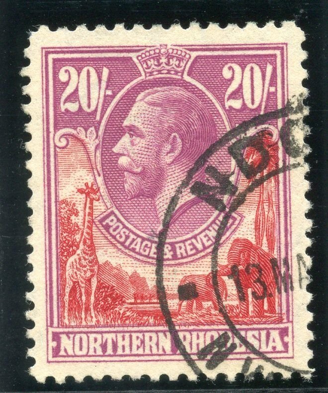 Northern Rhodesia 1925 KGV 20s carmine-red & rose-purple VFU. SG 17. Sc 17.