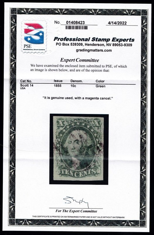 US 14 10c 1851 Washington Used w/ Magenta Cancel & PSE Cert VF SCV $290 (BB1)