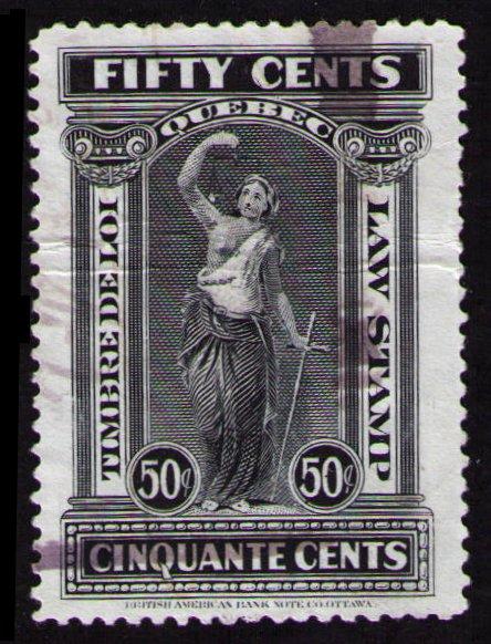 QUEBEC REVENUE SCARCE 1912 50c #QL60 FINE VINTAGE LAW STAMP 2nd ISSUE PERF 11x11