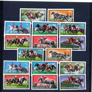 HUNGARY 1971 HORSES 2 SETS OF 8 STAMPS PERF. & IMPERF. MNH