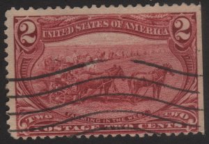 1898 US, 2c stamp, Used, Farming in the West, Sc 286, Print Offset on back