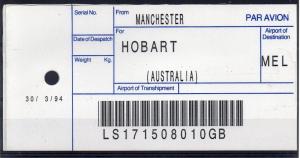 GB / AUSTRALIA, 1994 AIR MAIL Bag Label, MANCHESTER to HOBART, (30/03/94). `10GB