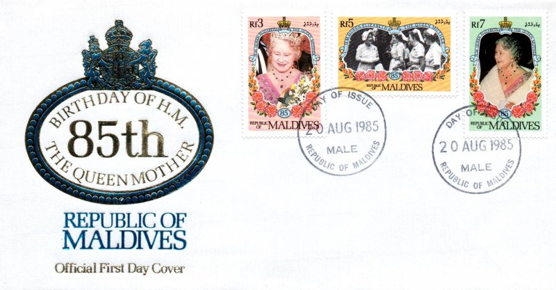 Maldive Islands 91096,1098-1099 Queen Mother U/A FDC