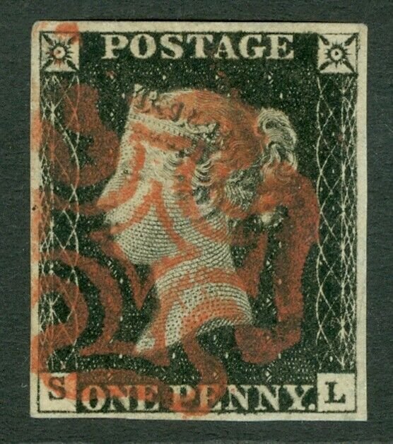 SG 2 1d black plate 4 lettered SL. Very fine used with a red Maltese cross...