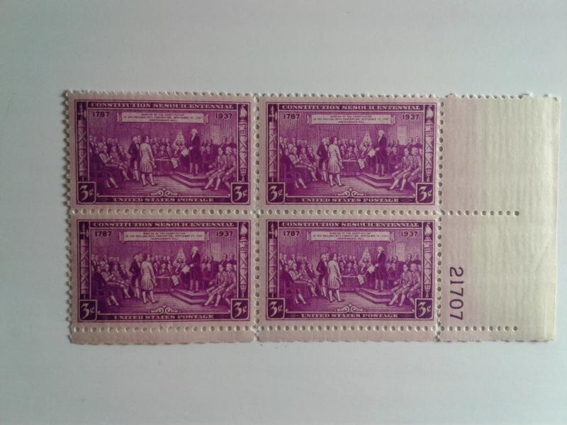 SCOTT # 798 PLATE BLOCK GEM CONSTITUTION 1937