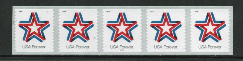 Scott# New 2019 year issue  Star Ribbon  Plate # B111  COIL STRIP OF 5  MNH