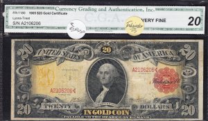 U.S.  $20 GOLD CERTIFICATE, 1905 Technicolor RARE***** VF 20 (52623)