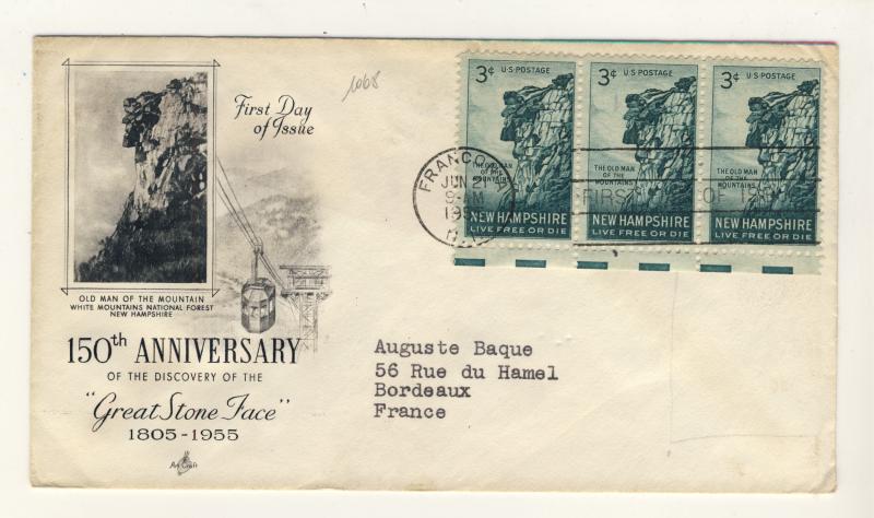 US - 1955 - Scott 1068 FDC - the Great Stone Face - strip of 3