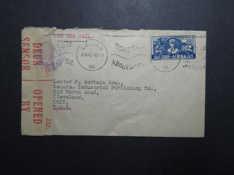 South Africa 1942 Censor Cover to USA / Sea Mail - Z12044