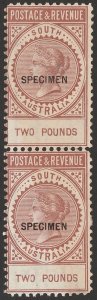 SOUTH AUSTRALIA 1886 QV Postage & Revenue £2 pair, SPECIMEN. normal cat £9500.