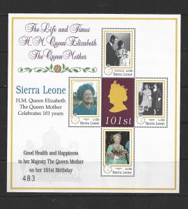 SIERRA LEONE - 1999 THE QUEEN MOTHER SOUVENIR SHEET - SCOTT 2207 - MNH