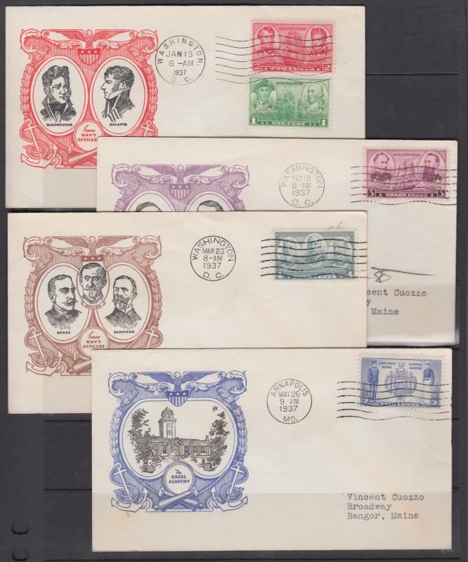 US Planty 785-794-8 FDC. 1937 Army-Navy cplt set, 10 Matched Linprint Cachets