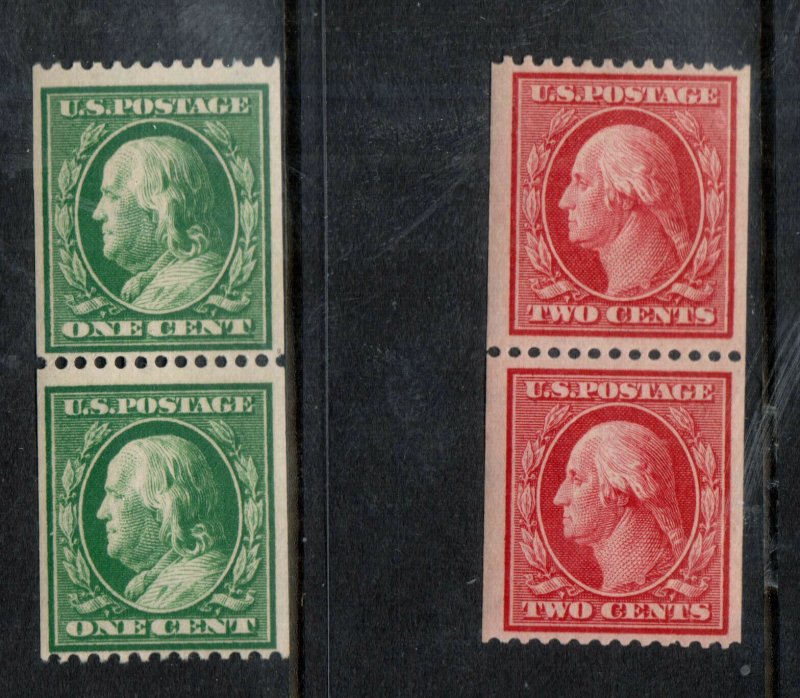 USA #385 - #386 Very Fine Mint Coil Pairs - Bottom Stamps Never Hinged Top LH