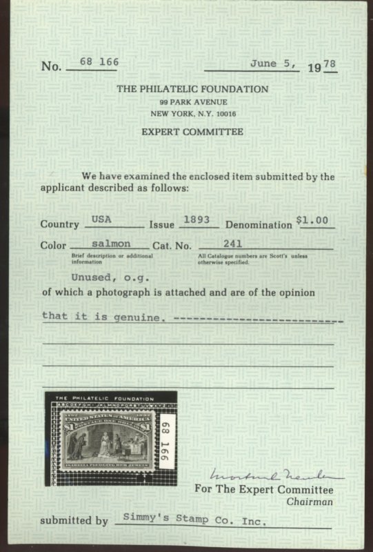 U.S. #241 MINT WITH PF CERT