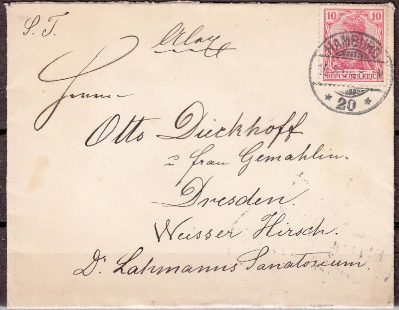 Germany - 10.6.1904 10pfgermania (no Wmk) on cover from Hamburg-20 (2362)