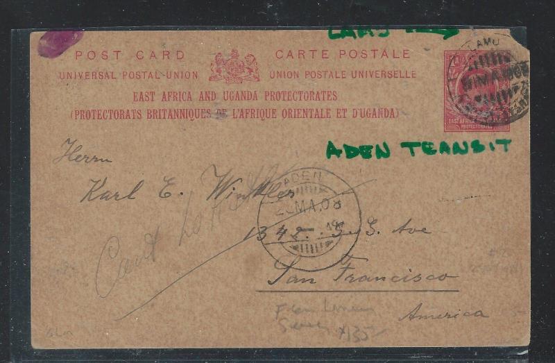 EAST AFRICA AND UGANDA (3009B) 1908 KE 1A PSC FROM LAMU VIA ADEN TO USA