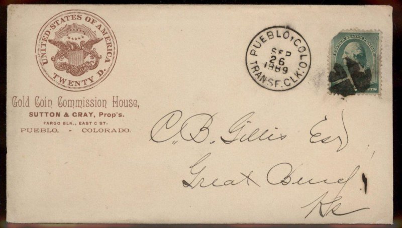USA 1889 Colorado Gold Coin Commission House PUEBLO Illustrated Cover ENCL 99123