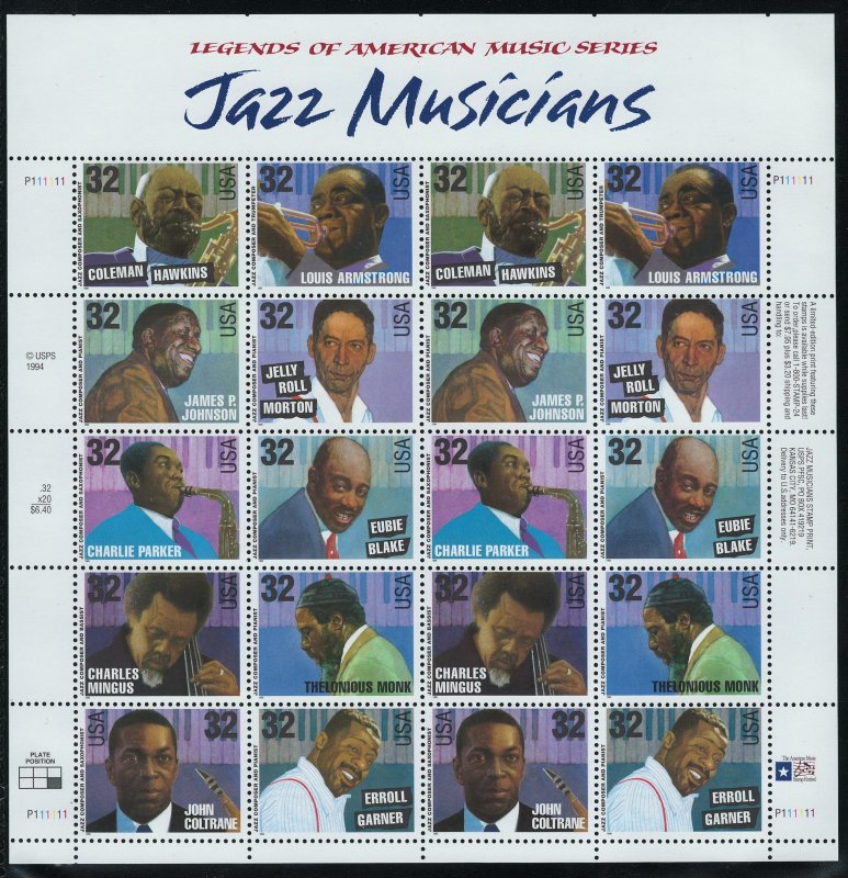 US Scott 2992a Full Sheet! Jazz Musicians! MNH!