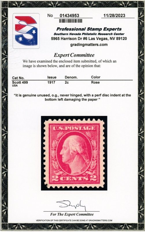 US Stamp #499 Washington 2c - PSE Cert - MNH - See Description