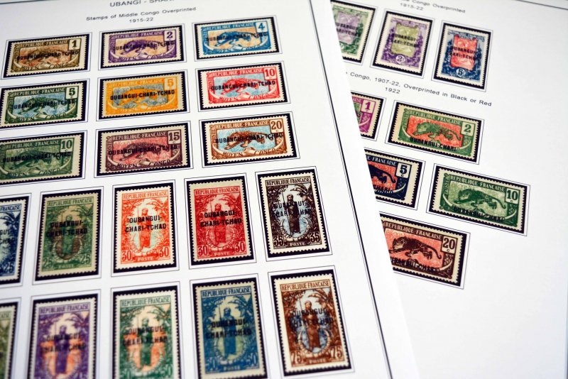 COLOR PRINTED UBANGI-SHARI 1915-1930 STAMP ALBUM PAGES (9 illustrated pages)