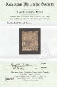 Mauritius,  Scott#101,  used, hinged,  Certified, 5 cents, #MD-101