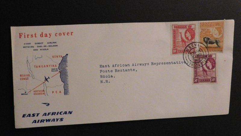 1956 First Day Cover FDC Mbeya Tanganyika to Ndola NR East African Airways KUT