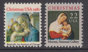 US Sc 1939, 2367 MNH. 1981-1987 Christmas, 2 different with Color Shifts