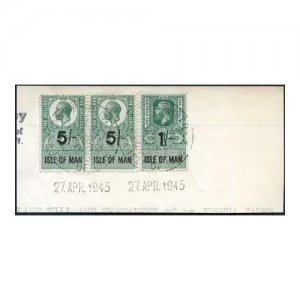 Isle of Man KGV 1/- and 5/- PAIR Key Plate Type Revenues CDS on Piece