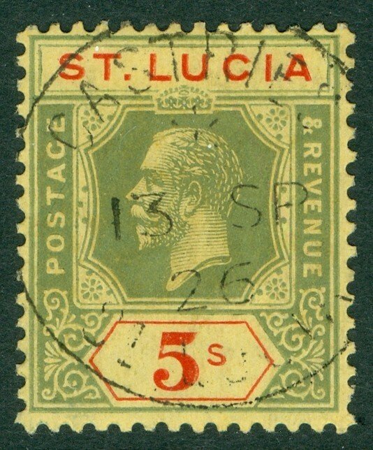 SG 105 St Lucia 1921-30. 5/- green & pale yellow. Very fine used with a...