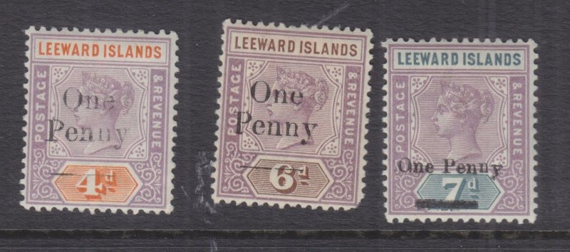 LEEWARD ISLANDS, 1902 surcharge One Penny set of 3, lhm.