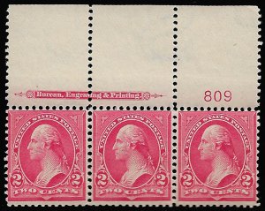 US #279B SCV $85.00 PLATE STRIP OF 3, LARGE TOP, VF mint never hinged, fresh ...
