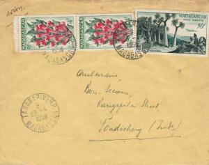 MADAGASCAR 1958 AIRMAIL TO TANANARIVE TO PONDICHERRY INDIA   .   REF R355