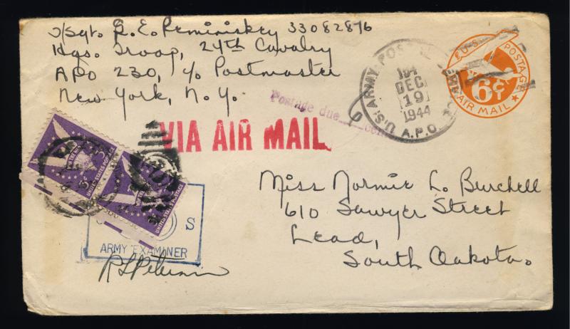 1944 POSTAGE DUE ON ENTIRE Sc.UC3 NO BORDER FROM APO154 (EUROPE) TO SOUTH DAKOTA