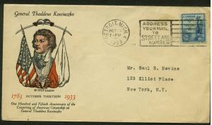 734 KOSCIUSZKO FDC DETROIT,MI 10/13/33 PLANTY 734-2 LINPRINT CACHET