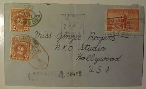 US US DUES FROM AUSTRALIA JE 1938 BRISBANE TO US MOVIE STAR GINGER ROGERS FOLDED