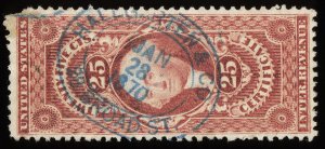 01543 U.S. Revenue Scott R44c 25c Certificate, blue oval handstamp cancel