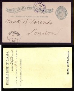 Canada-cover #2797 - 1c QV card-Essex Cty-Essex Centre,Ont-Ju 21 1890-purple ink
