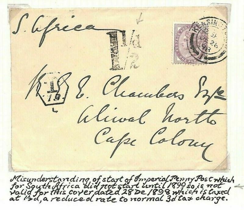 GB FAILED EARLY EMPIRE RATE Dec 1898 Cover South Africa COGH Charged *1½d* AF200