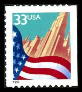 U.S.#3278 Flag and City 33c Booklet Single, MNH. SDC 11, Black Date 1999