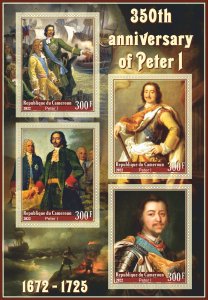 Stamps. Ships. 350 anniversary Peter I 2022 year Cameroun 1+1 sheet perforated