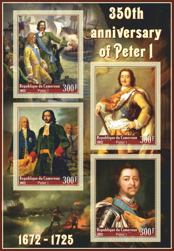 Stamps. Ships. 350 anniversary Peter I 2022 year Cameroun 1+1 sheet perforated