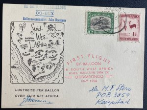 1958 Otjiwarongo South West Africa First Balloon Flight Airmail Postcard Cover