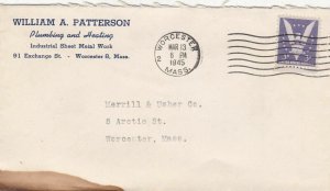 U.S. WILLIAM A. PATTERSON, Plumbing and Heating, Mass. 1945 Stamp Cover Rf 47454