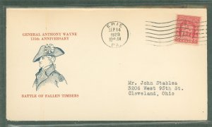 US 680 1929 2c General Anthony Wayne, Battle of Fallen Timbers (single) on an addressed first day cover with an Erie, PA cancel