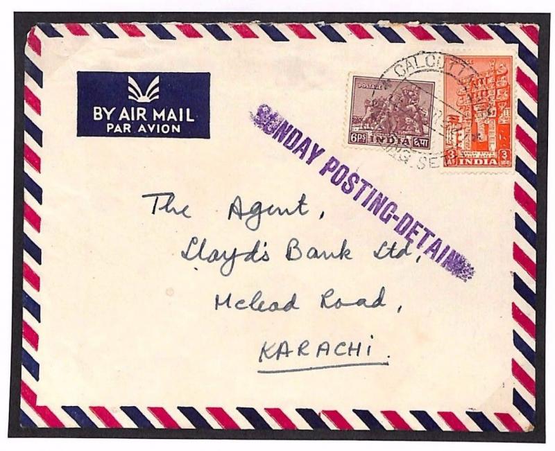 U141b 1952 India *SUNDAY POSTING DETAINED* Calcutta Explanatory Cover Pakistan