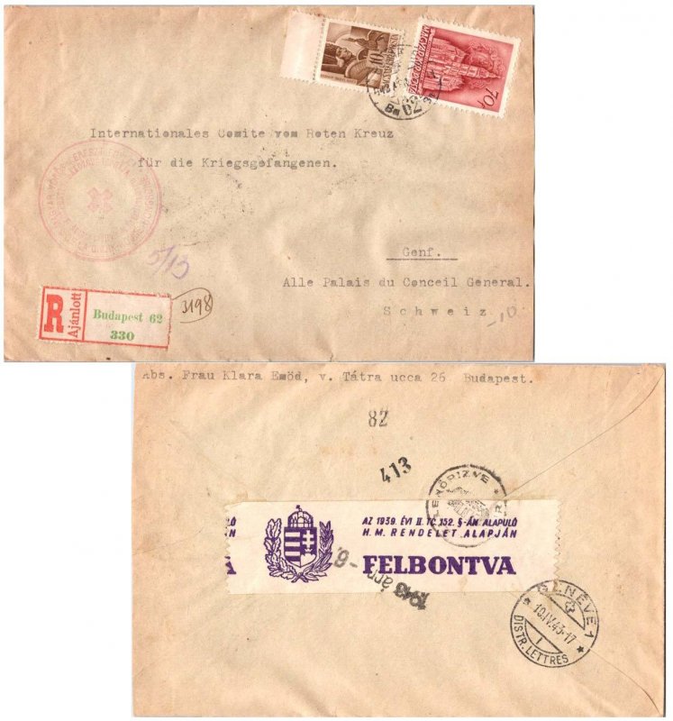 Hungary 10f Arpad and 70f Cathedral of Kassa 1943 Budapest 62 Registered to I...